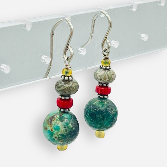 Sundance Catalog Earrings Sterling Silver Turquoise Coral Dangle Drop Beaded - Picture 2 of 6